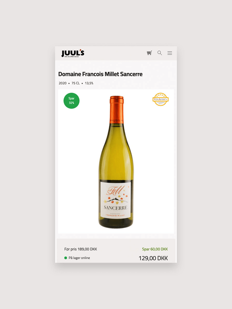 Mobilvisning af Juul's Vin og Spiritus' webshop