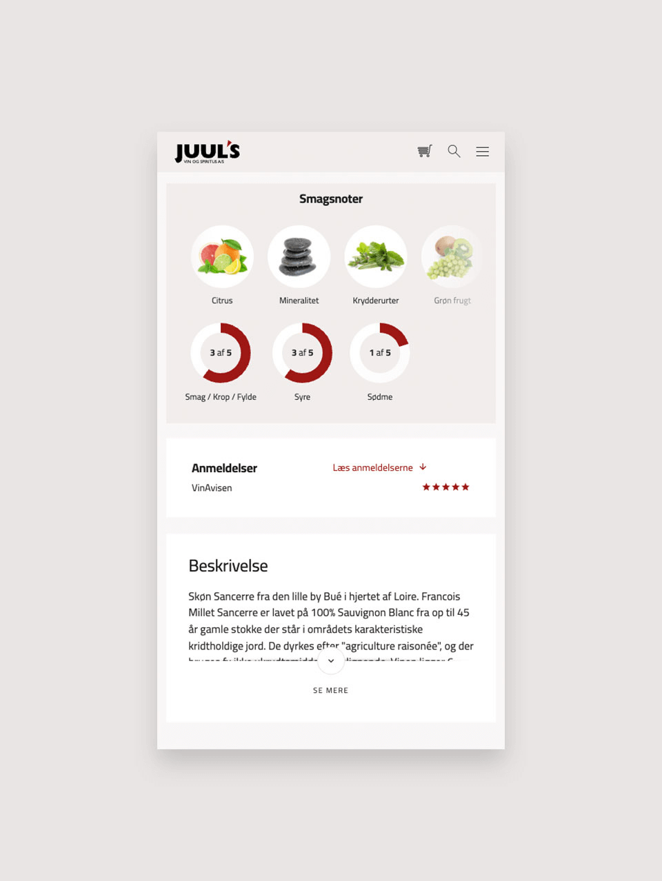Mobilvisning af webshoppen hvor man kan søge efter smagsnoter