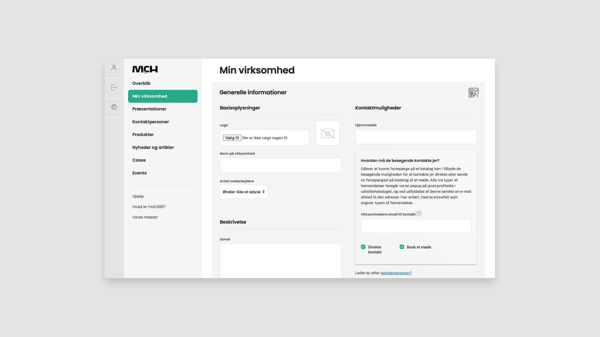 MCH's udstillerplatform er brugervenlig og intuitiv. Her ses, hvordan udstillere kan oprette deres helt egen digitale virksomhedsprofil