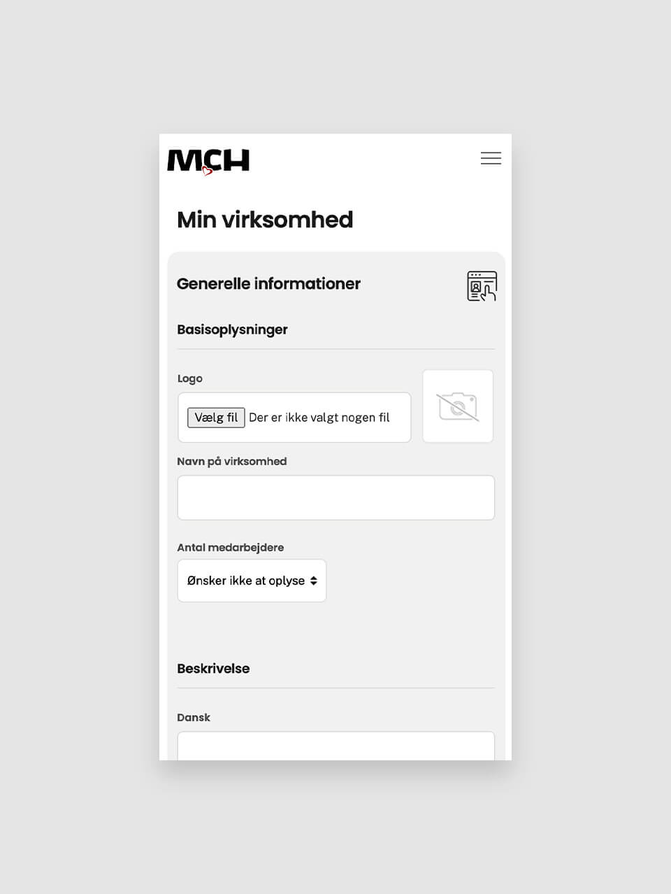 Et andet eksempel med mobilvisning fra udstillerportalen hos MCH - her omhandlende nogle generelle virksomhedsinformationer
