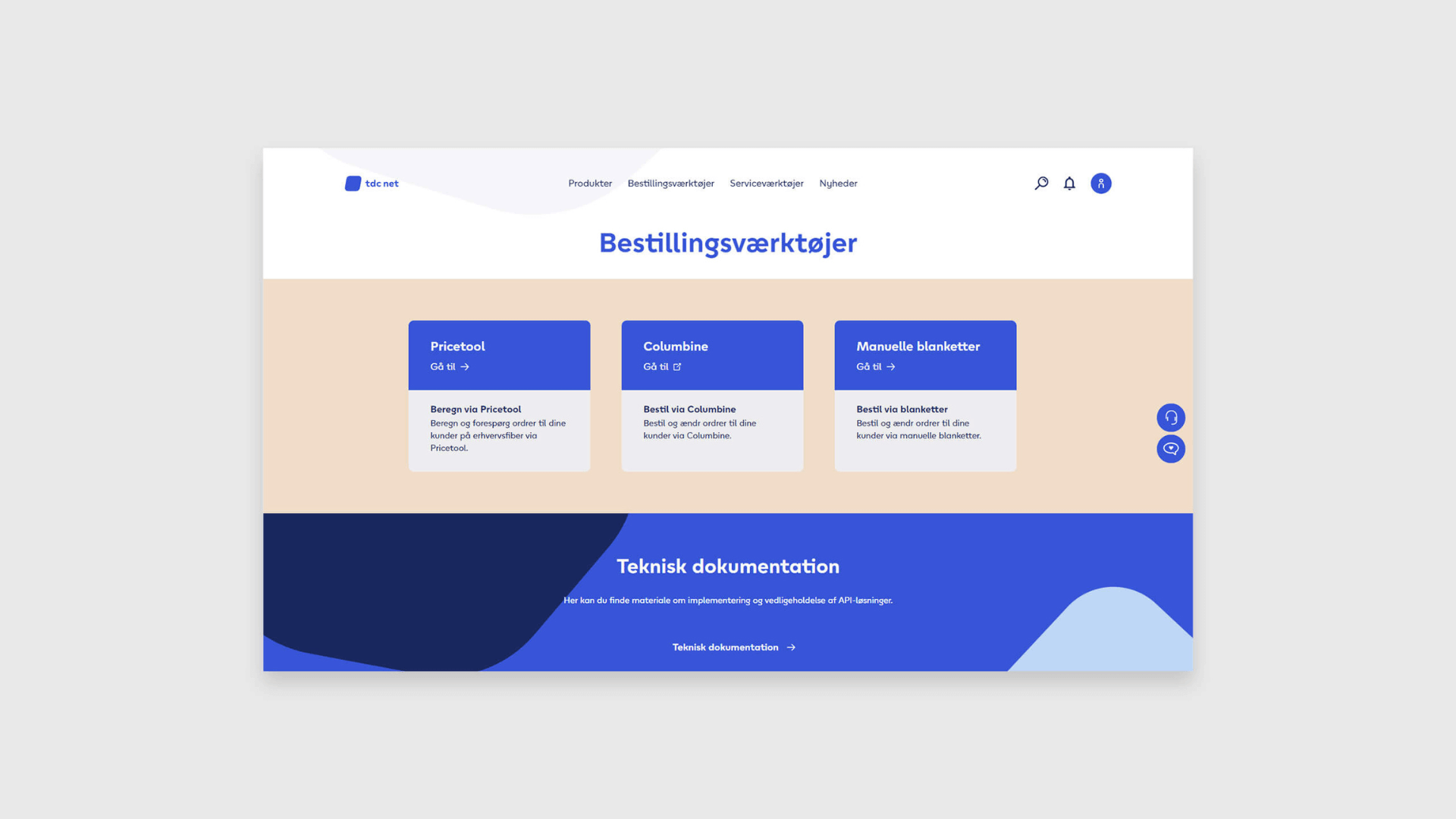Et eksempel på endnu en side i TDC NET's partnerportal. Her er det bestillingsværktøjer.