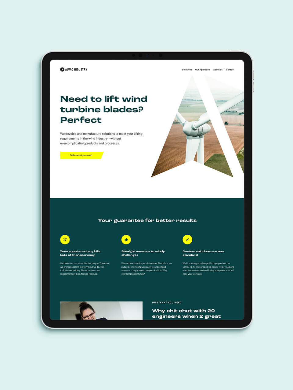 Tabletvisning af ALVAC forside på website