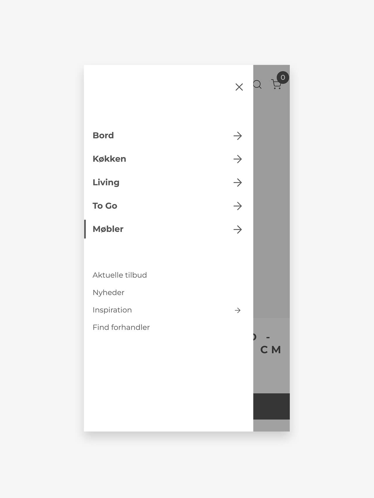 Mobilvisning af menu på website til Eva Solo