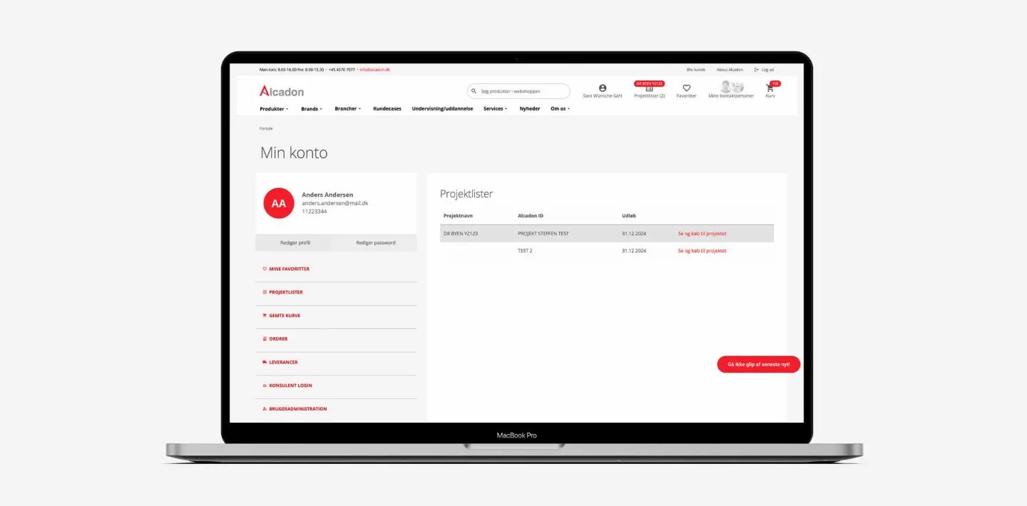 Alcadon website konto oversigt